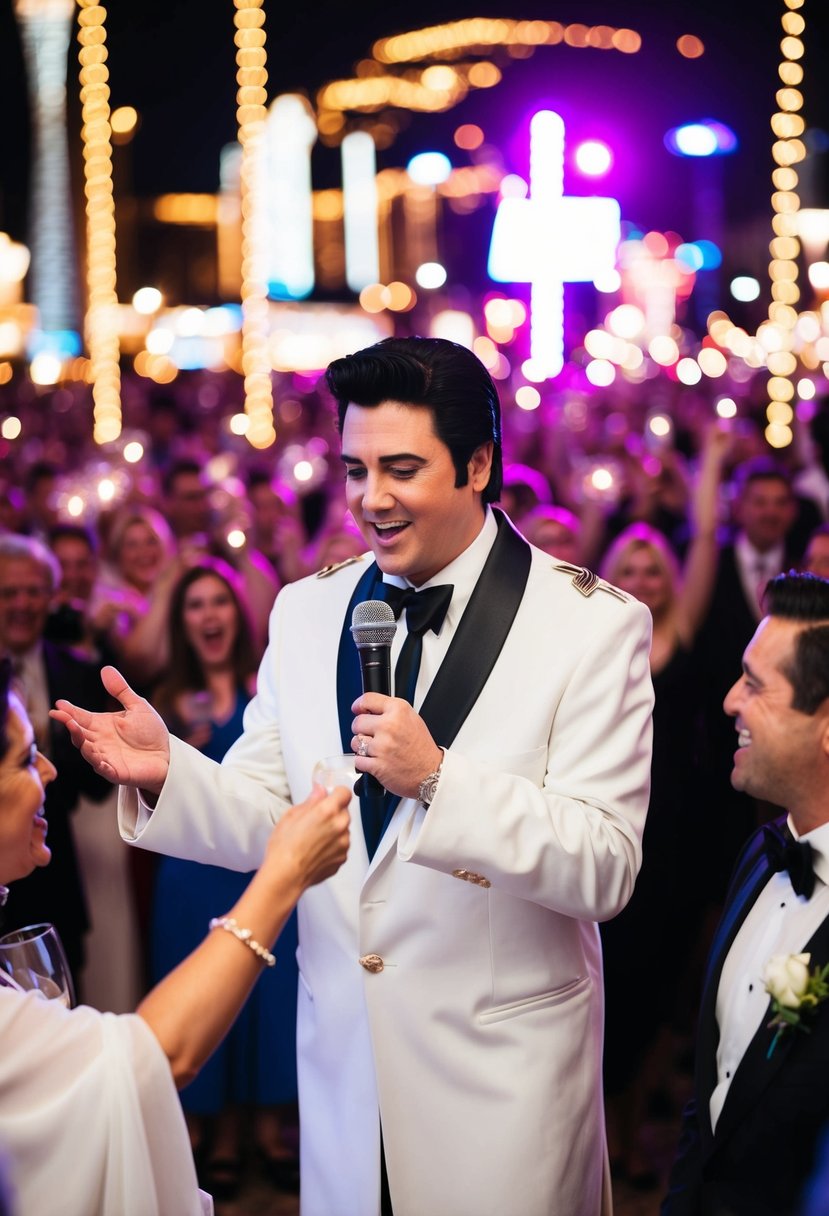 An Elvis impersonator officiates a Vegas wedding, surrounded by flashing lights and a crowd of cheering onlookers