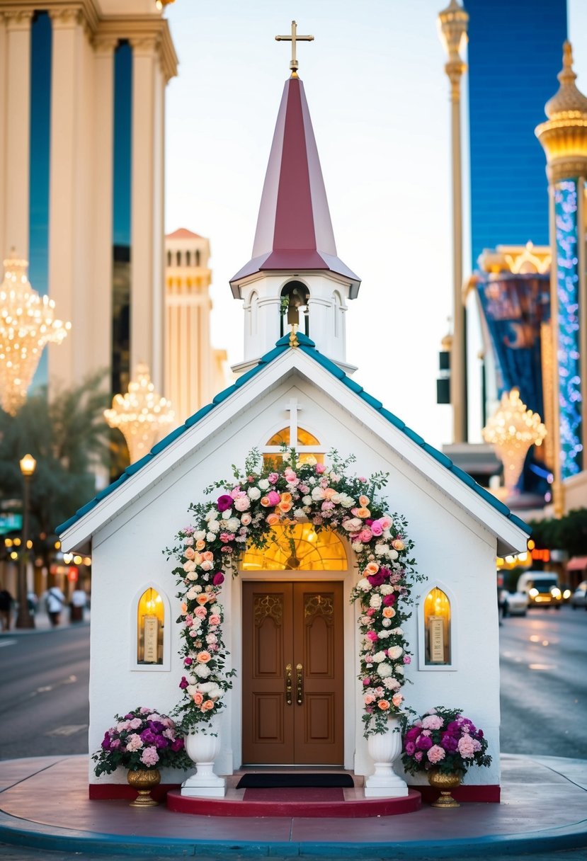 A quaint chapel adorned with vibrant flowers and elegant decor, set against the backdrop of the bustling streets of Las Vegas