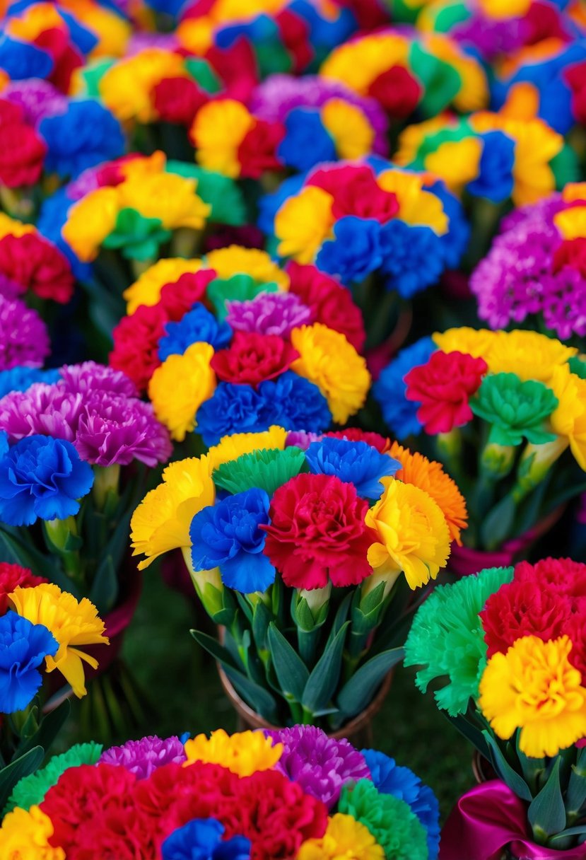 A vibrant array of rainbow carnations arranged in colorful bouquets for a same-sex wedding celebration