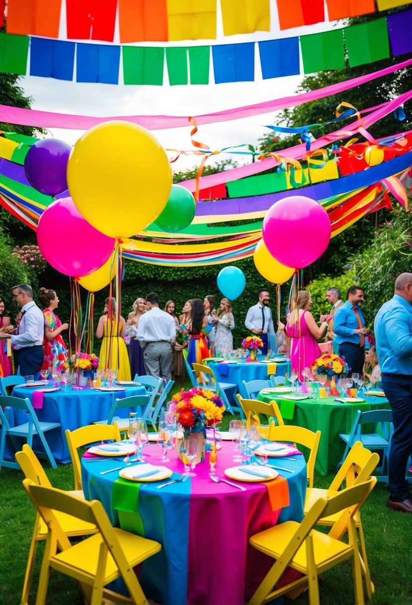 A vibrant garden party with colorful streamers, balloons, and rainbow-themed decor. Tables are adorned with bright centerpieces and guests mingle in their colorful attire