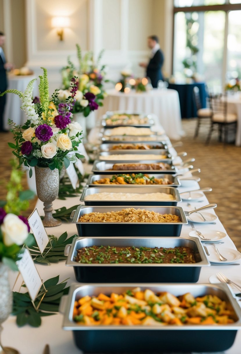 Various gourmet food sampling stations set up in a wedding venue, with elegant table settings and decorative floral arrangements