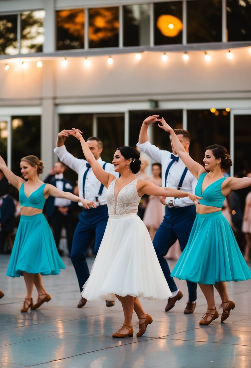 A group of dancers perform a choreographed routine at a same-sex wedding, celebrating love and unity through movement and rhythm