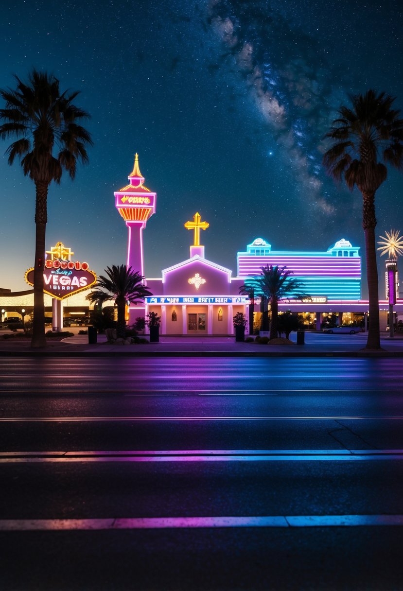 A neon-lit Vegas strip with a wedding chapel, palm trees, and a starry night sky