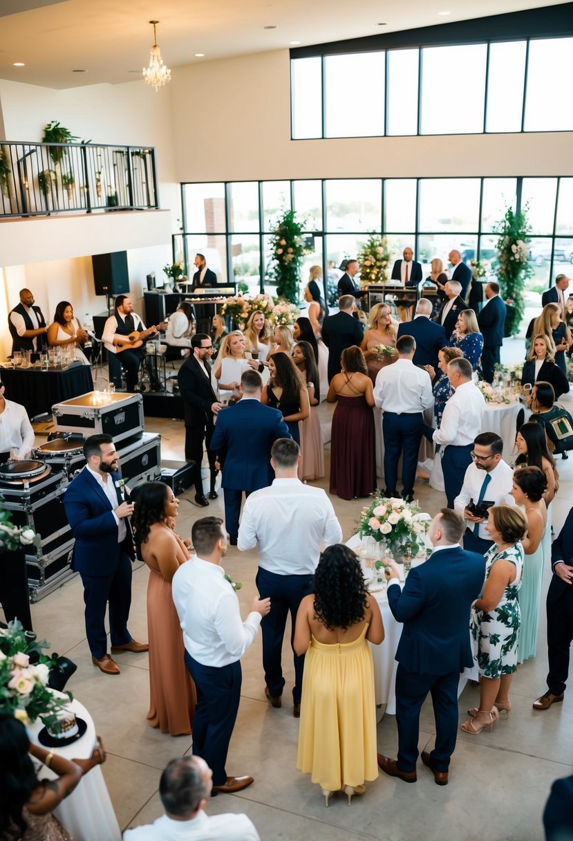 A lively wedding venue open house with live music or DJ performances, guests mingling, and vendors showcasing their services