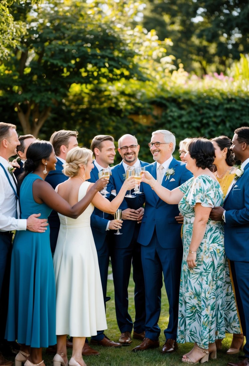 A diverse group of people gather in a garden, celebrating a same-sex wedding. Family and friends embrace, smile, and raise glasses in a toast