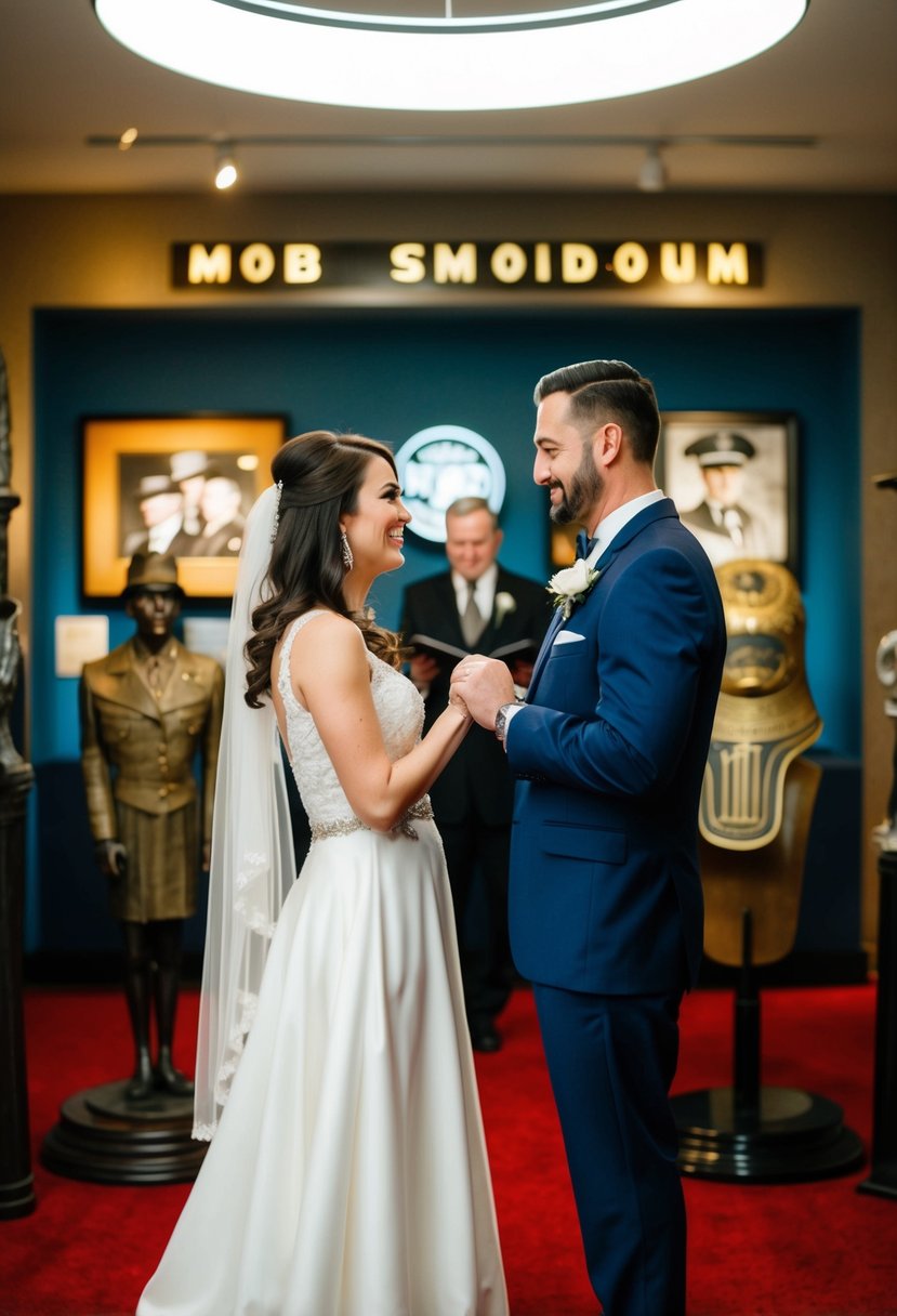 A couple exchanging vows in front of vintage mob artifacts at the Mob Museum in Las Vegas