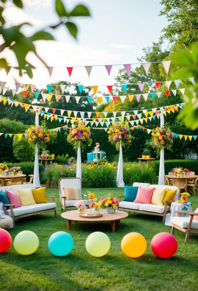 A garden party with lawn games, colorful flowers, and elegant decorations for a same-sex wedding celebration