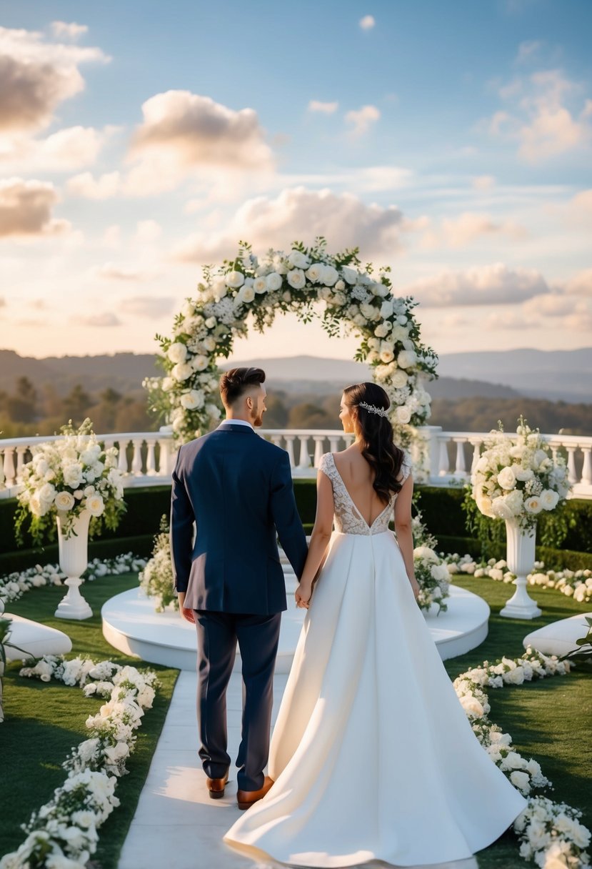 A couple explores a virtual wedding venue, surrounded by elegant decor and scenic views