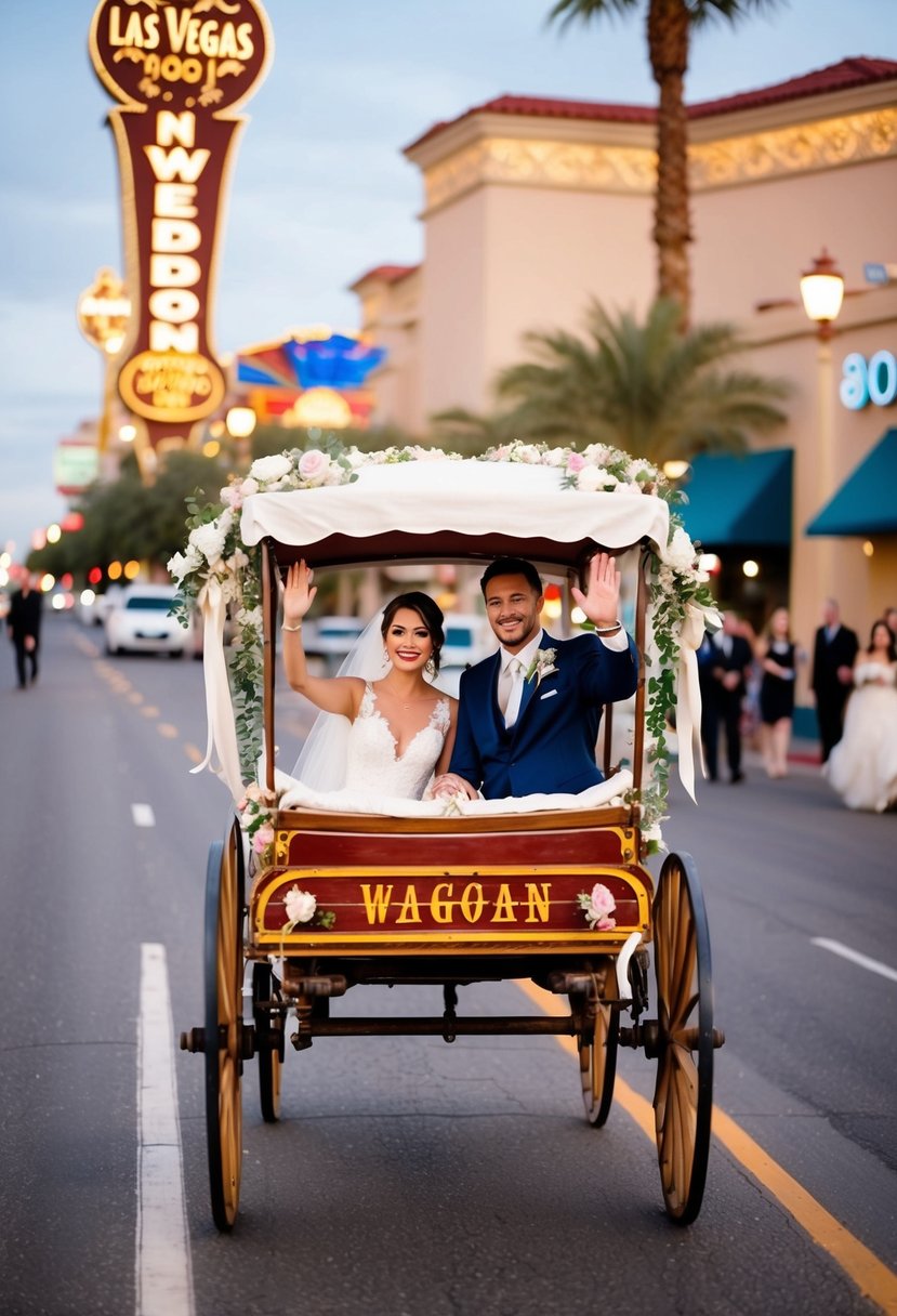 A vintage wedding wagon rolls through the streets of Las Vegas, adorned with flowers and ribbons, as the newlyweds inside wave to onlookers