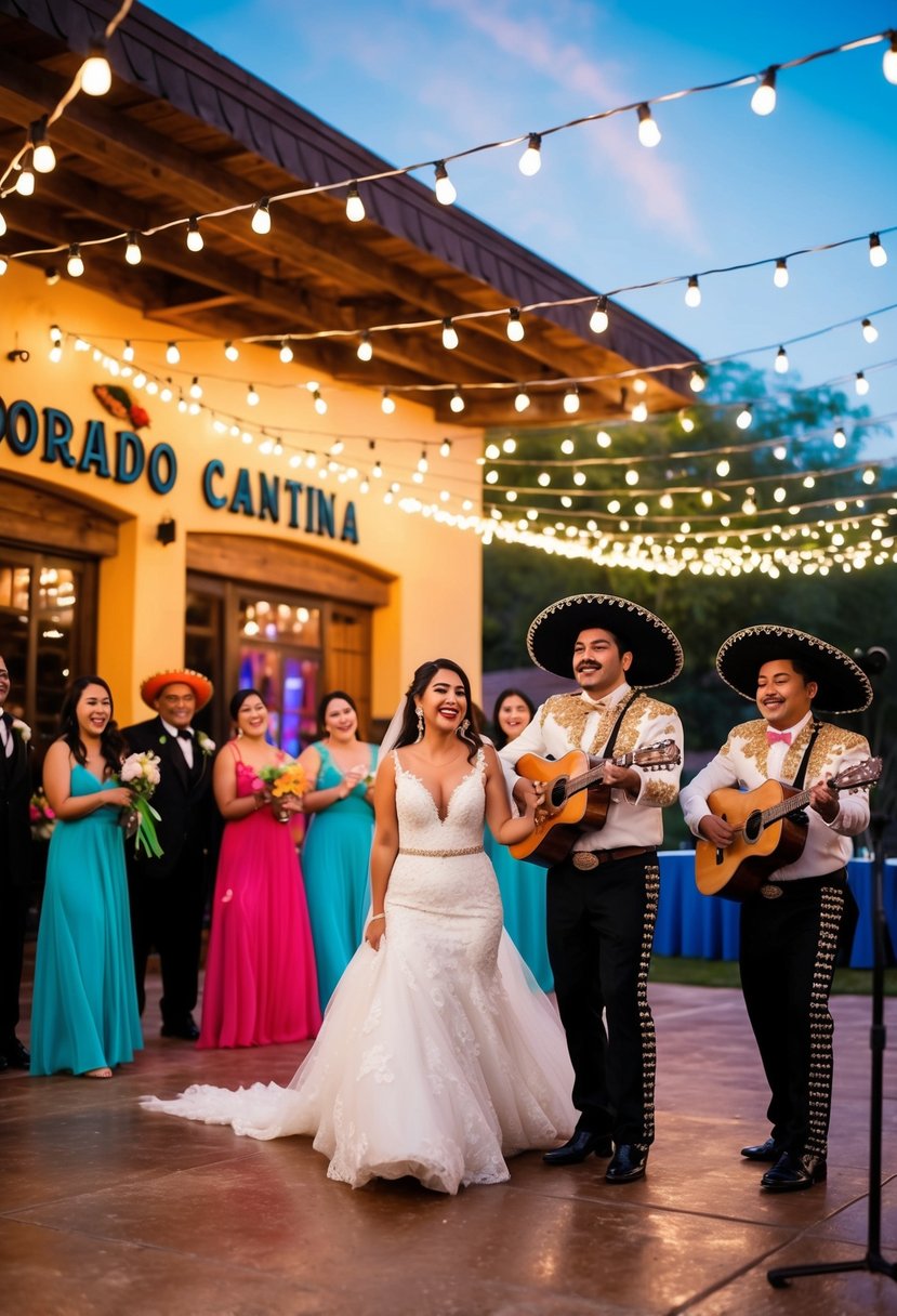 A lively outdoor wedding reception at El Dorado Cantina, with string lights, colorful decorations, and a mariachi band performing on a stage