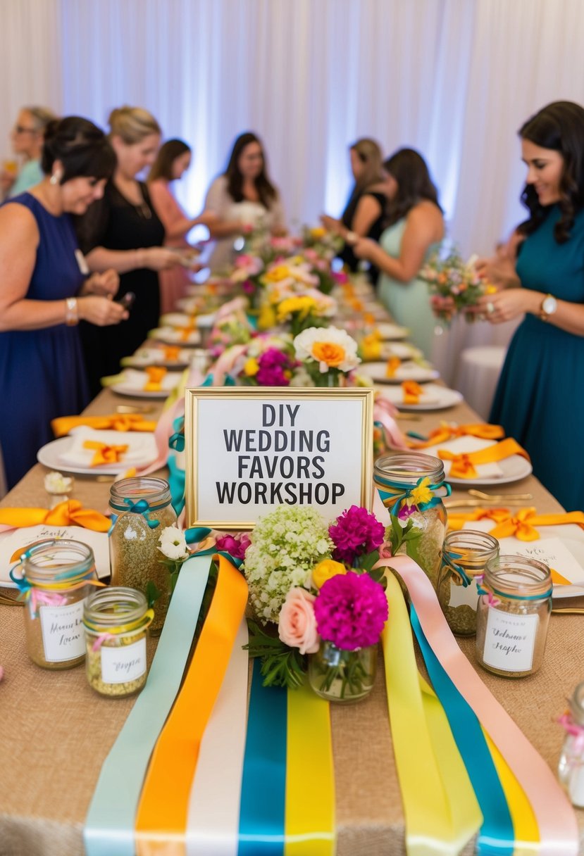 A table filled with colorful ribbons, jars, and flowers. A sign reads "DIY wedding favors workshop" as guests create personalized gifts