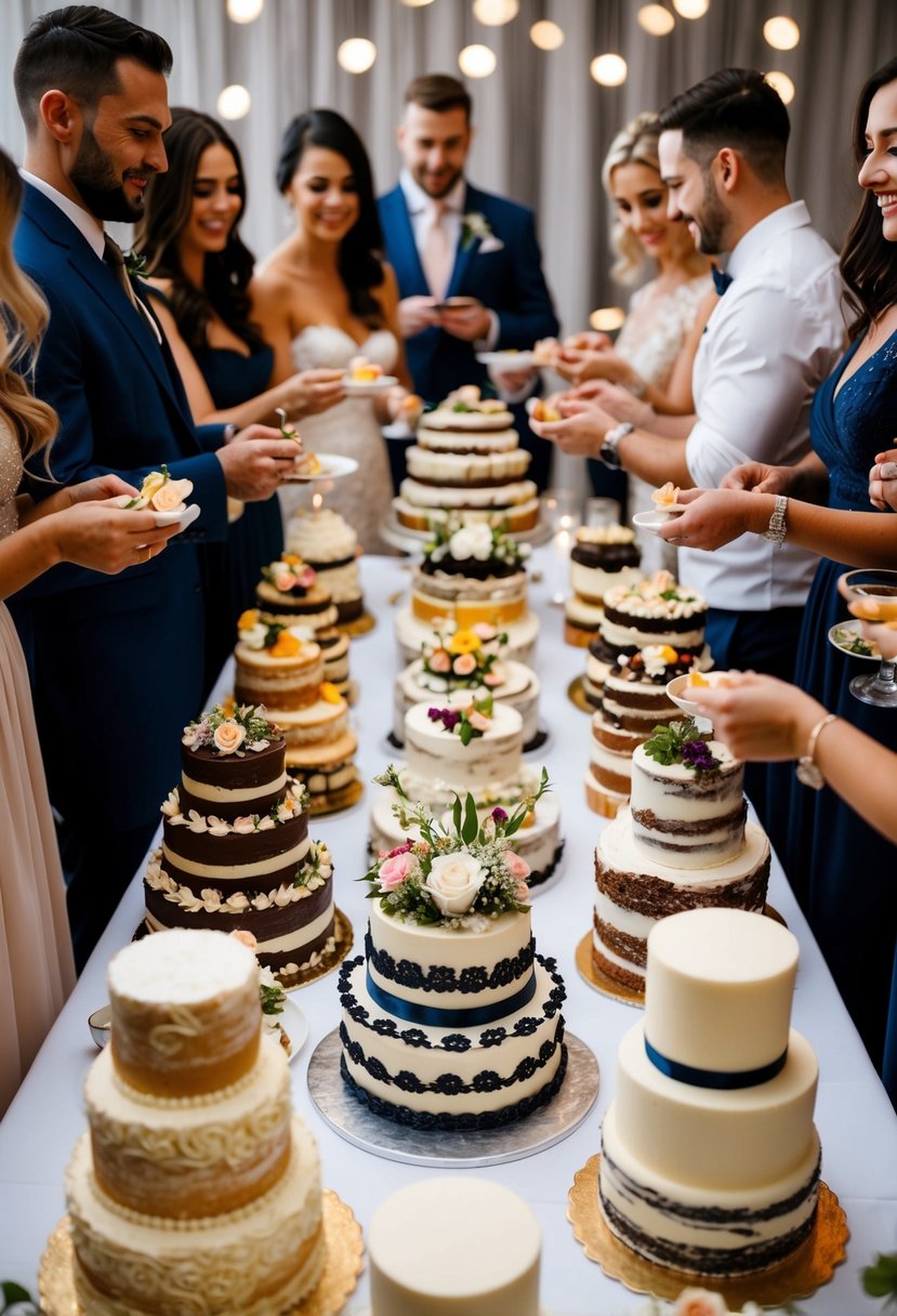 A table adorned with an array of intricately decorated wedding cakes, surrounded by eager couples sampling different flavors and textures