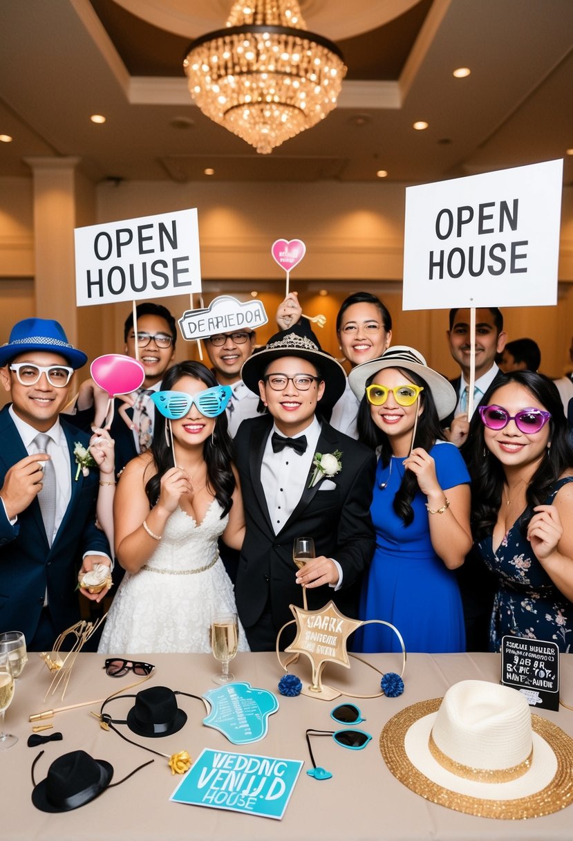 A photo booth at a wedding venue open house, filled with props such as hats, glasses, and signs, creating a fun and festive atmosphere