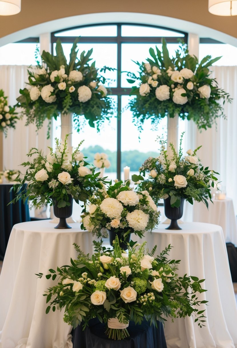 Floral arrangements displayed at a wedding venue open house, showcasing live demos for potential clients