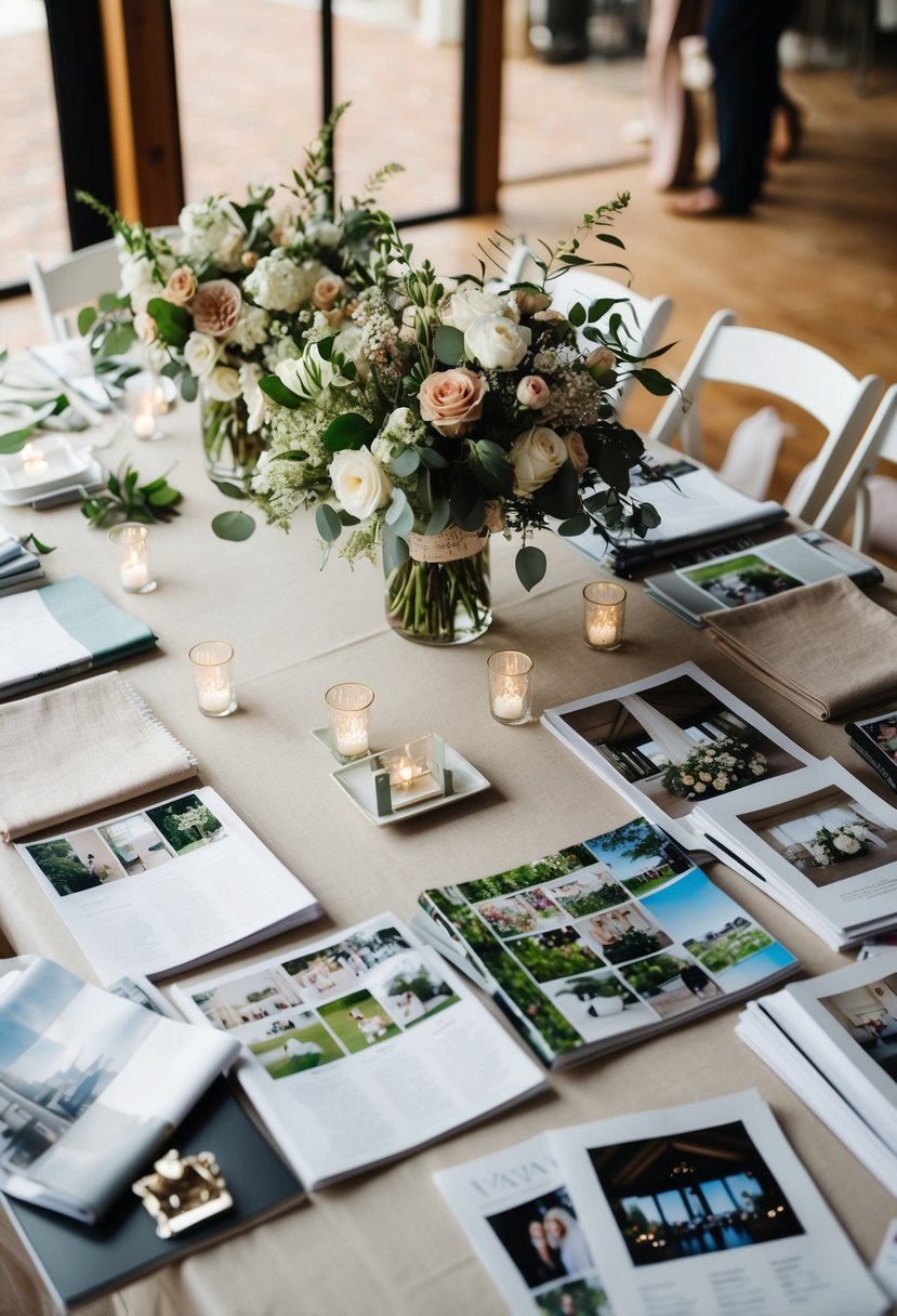 A table covered in fabric swatches, floral arrangements, and venue photos, surrounded by wedding magazines and sketches