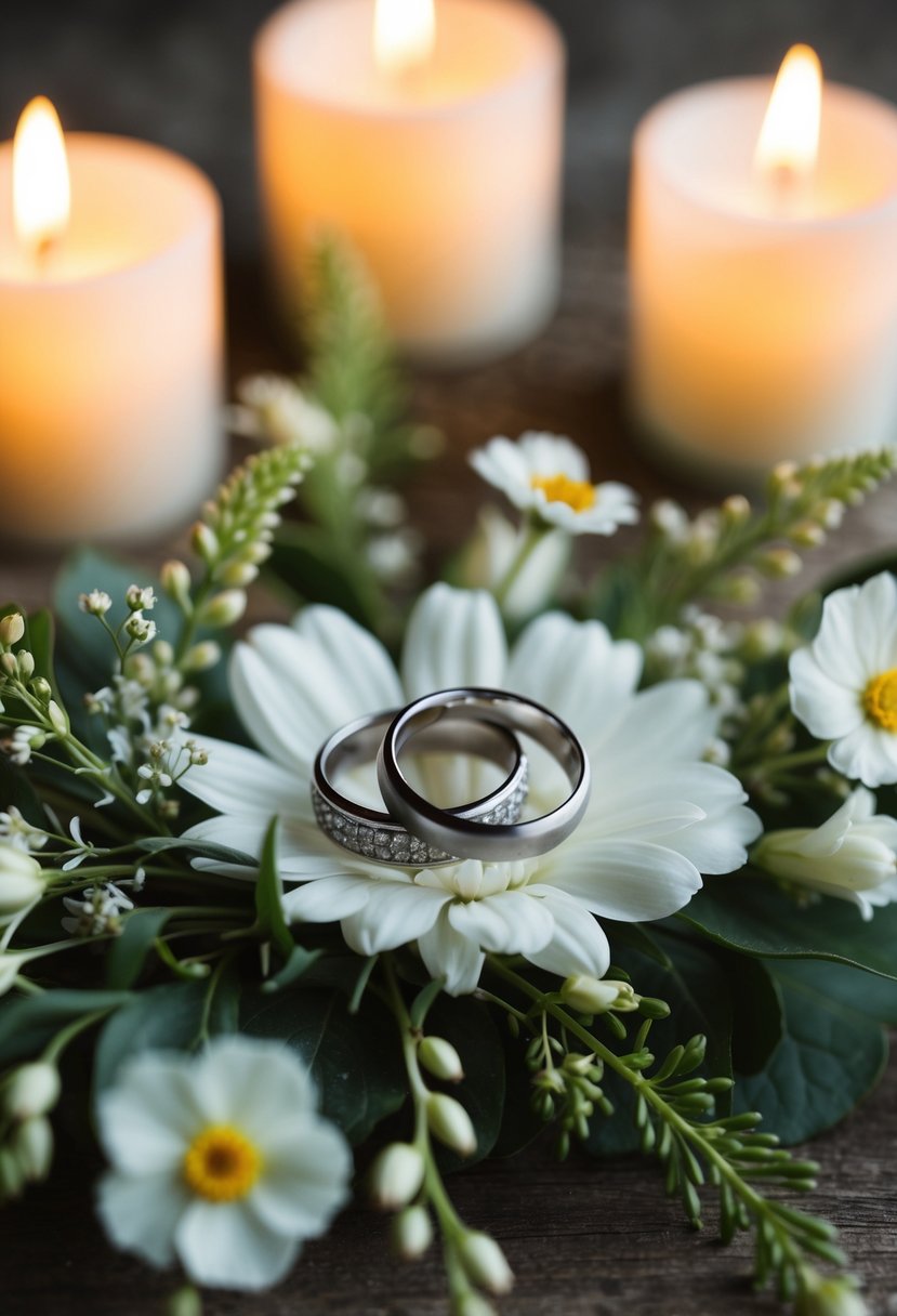 A pair of elegant wedding rings resting on a bed of delicate white flowers and greenery, with soft candlelight flickering in the background