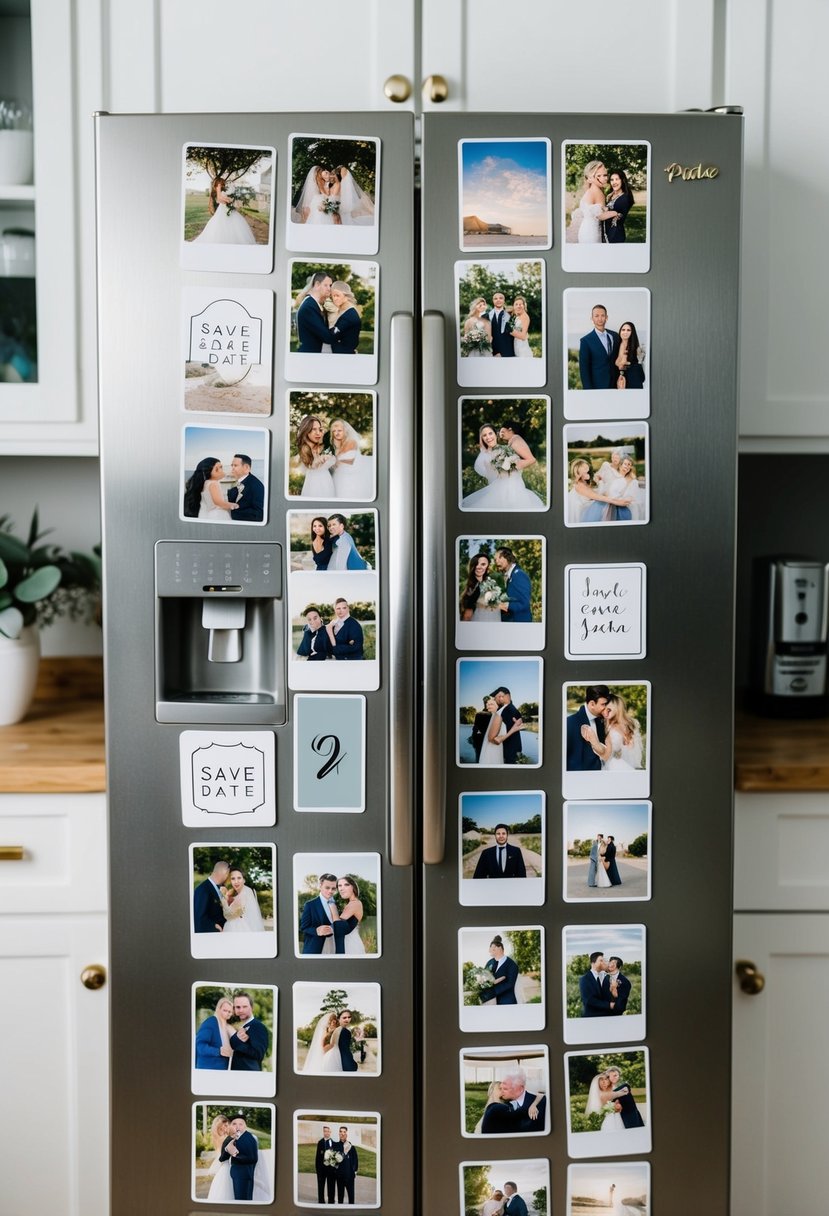 A refrigerator covered in personalized photo magnets for save the date wedding ideas