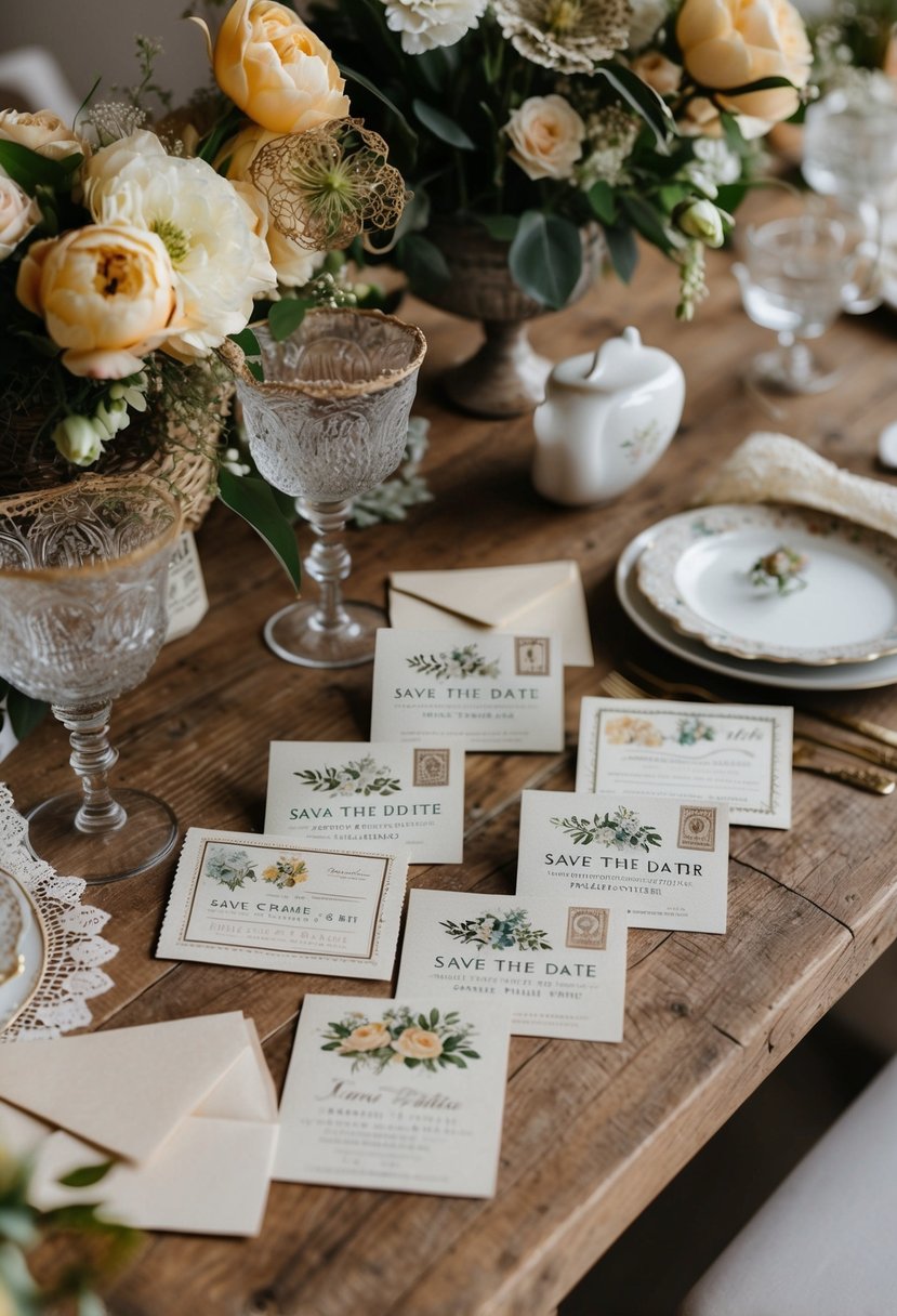 A rustic wooden table adorned with vintage postcard-inspired save the date wedding invites, surrounded by antique floral arrangements and vintage lace accents