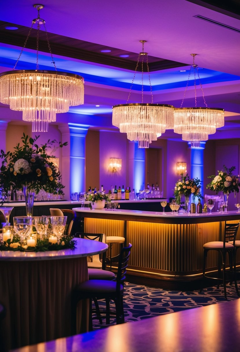 A vibrant wedding venue with a variety of mocktail and cocktail bars, adorned with elegant decor and ambient lighting