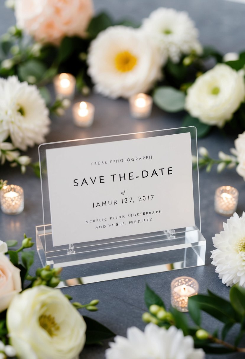 A modern acrylic save-the-date card surrounded by elegant wedding decor and flowers