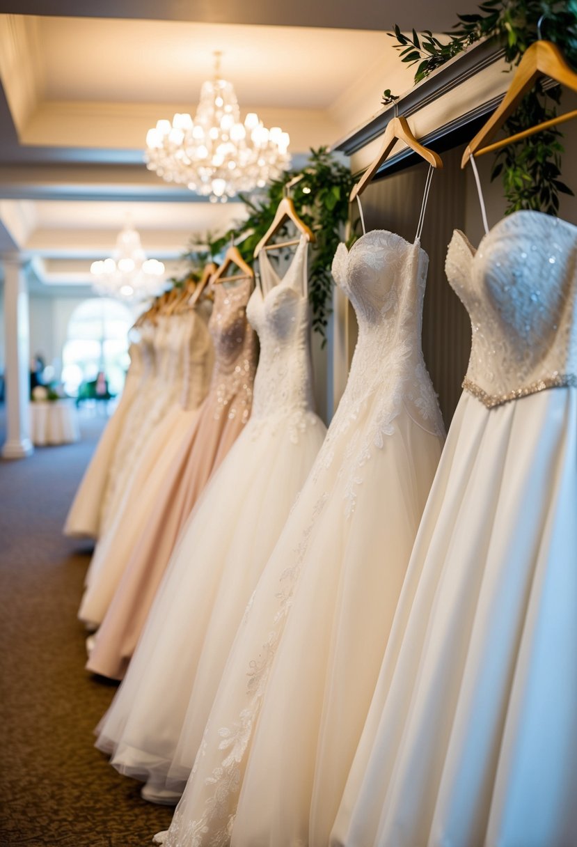 A row of wedding dresses on display at a venue open house, with soft lighting and elegant decor