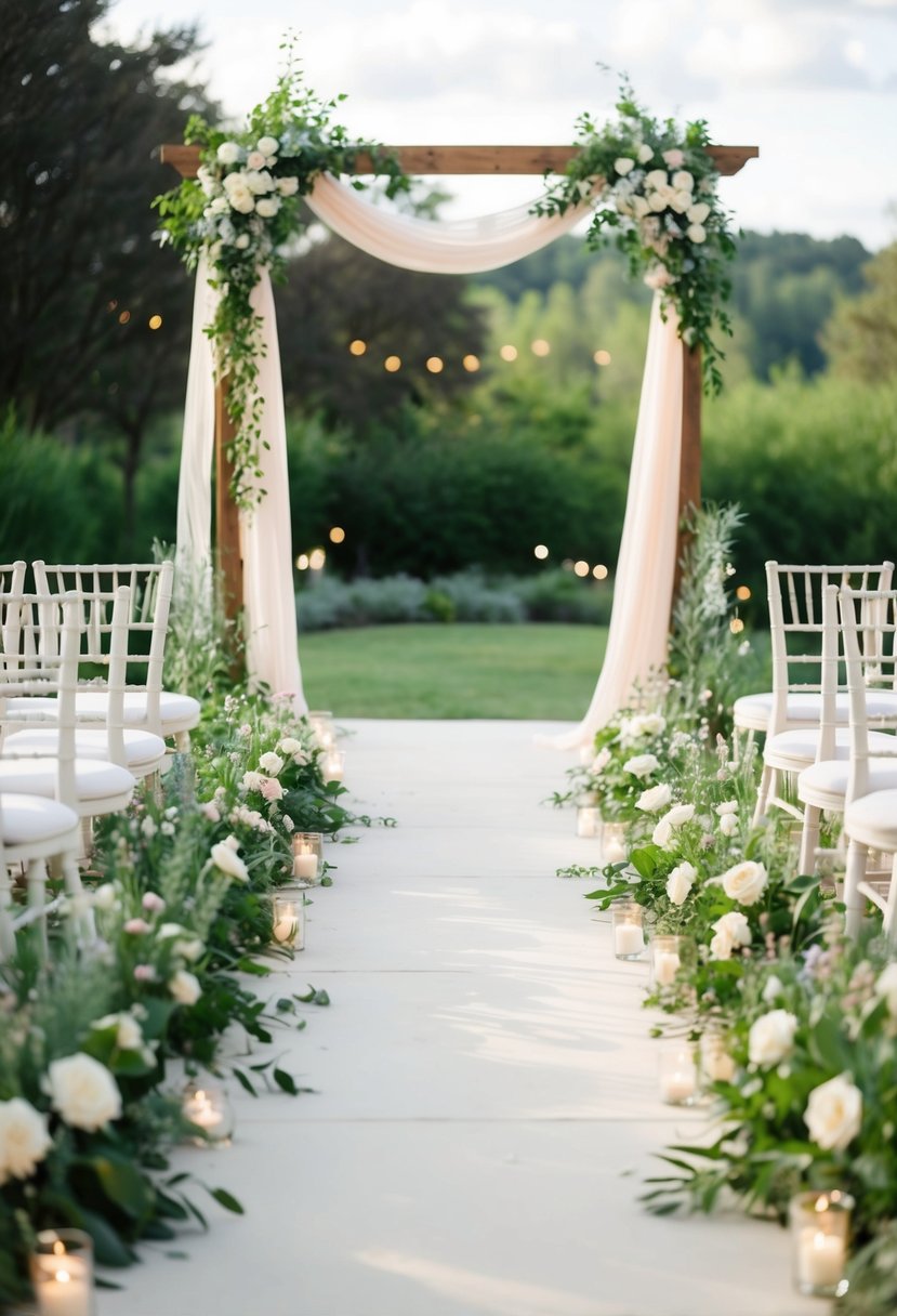 A flower-lined aisle leads to an arch adorned with flowing fabric and twinkling lights, set against a backdrop of lush greenery and a serene outdoor setting