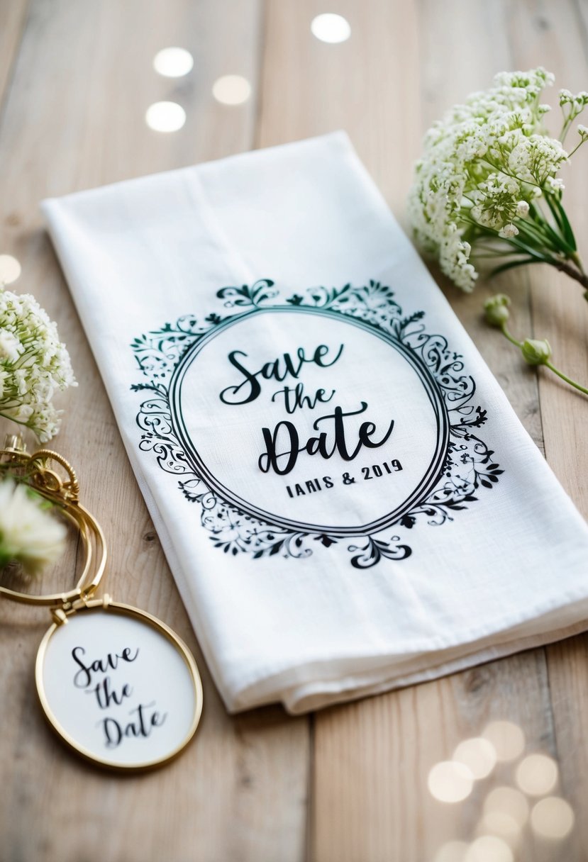 A tea towel with elegant wedding motifs and a "save the date" announcement