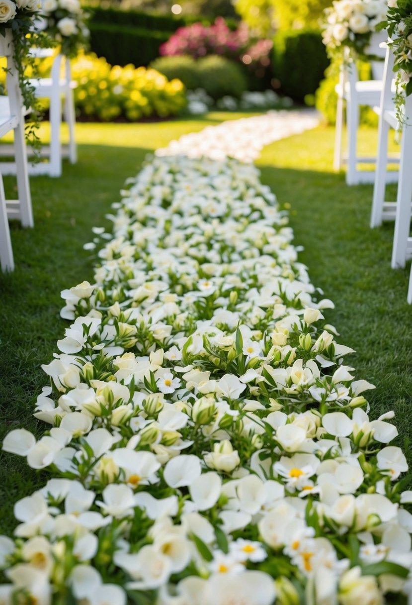 A lush, flower-covered wedding aisle runner winds through a sunlit garden, with petals and greenery creating a romantic, natural pathway