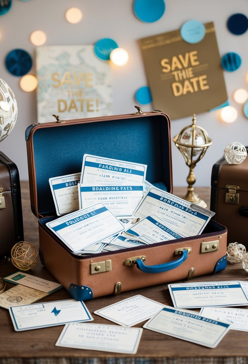 A vintage suitcase overflowing with boarding pass invitations, surrounded by travel-themed decor and save the date wedding details