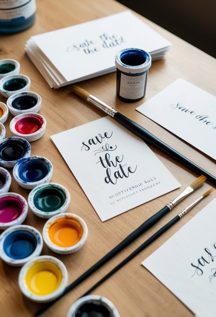 A table with watercolor paints, brushes, and blank postcards arranged for a wedding save the date project