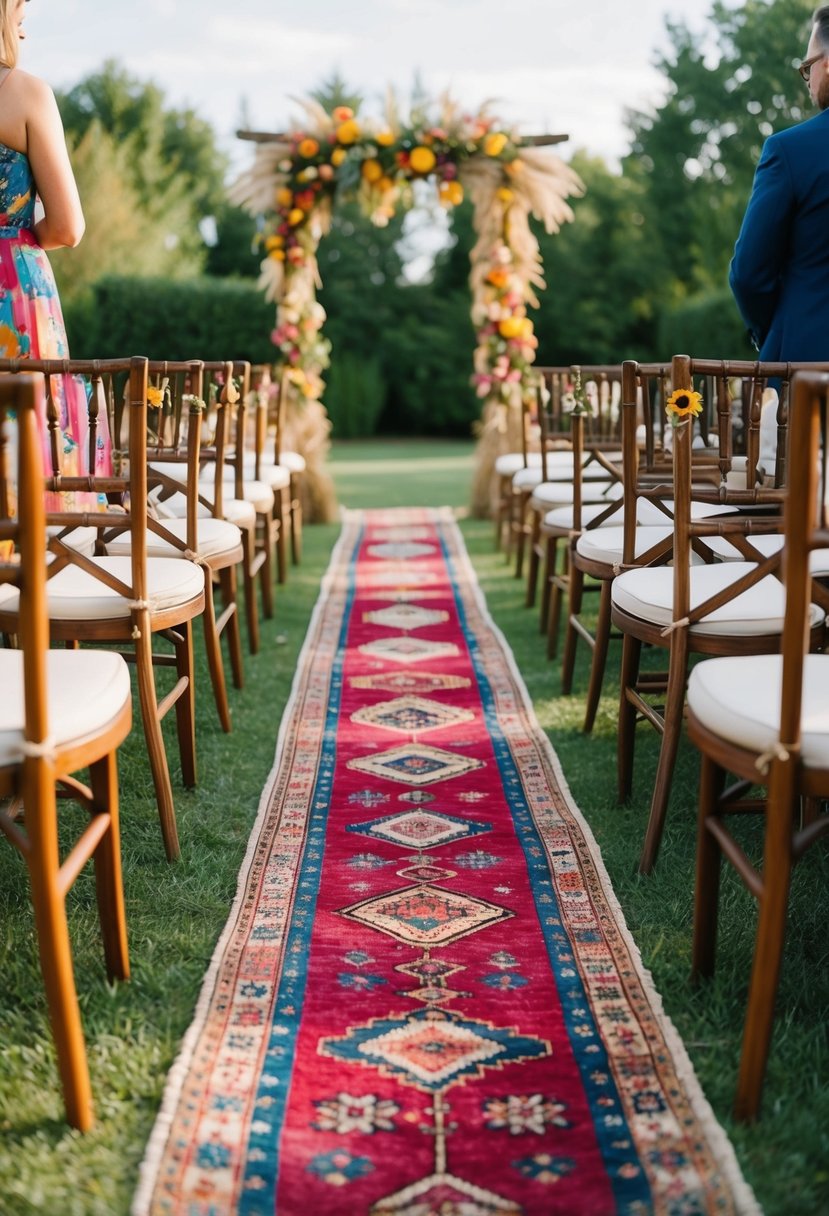 A bohemian outdoor wedding aisle lined with vintage rugs in vibrant colors and patterns, creating a whimsical and eclectic atmosphere