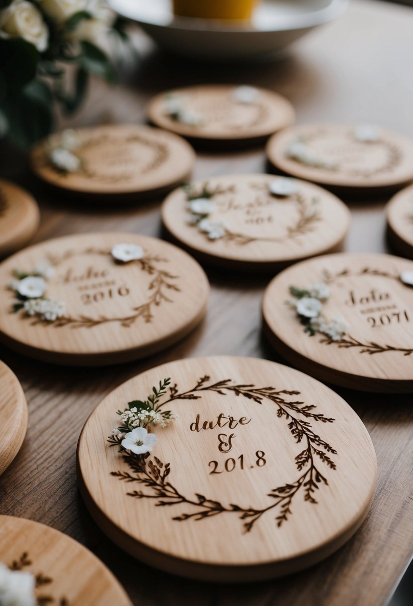 A set of rustic wooden coasters arranged on a table, with delicate floral decorations and the date of a wedding engraved on them