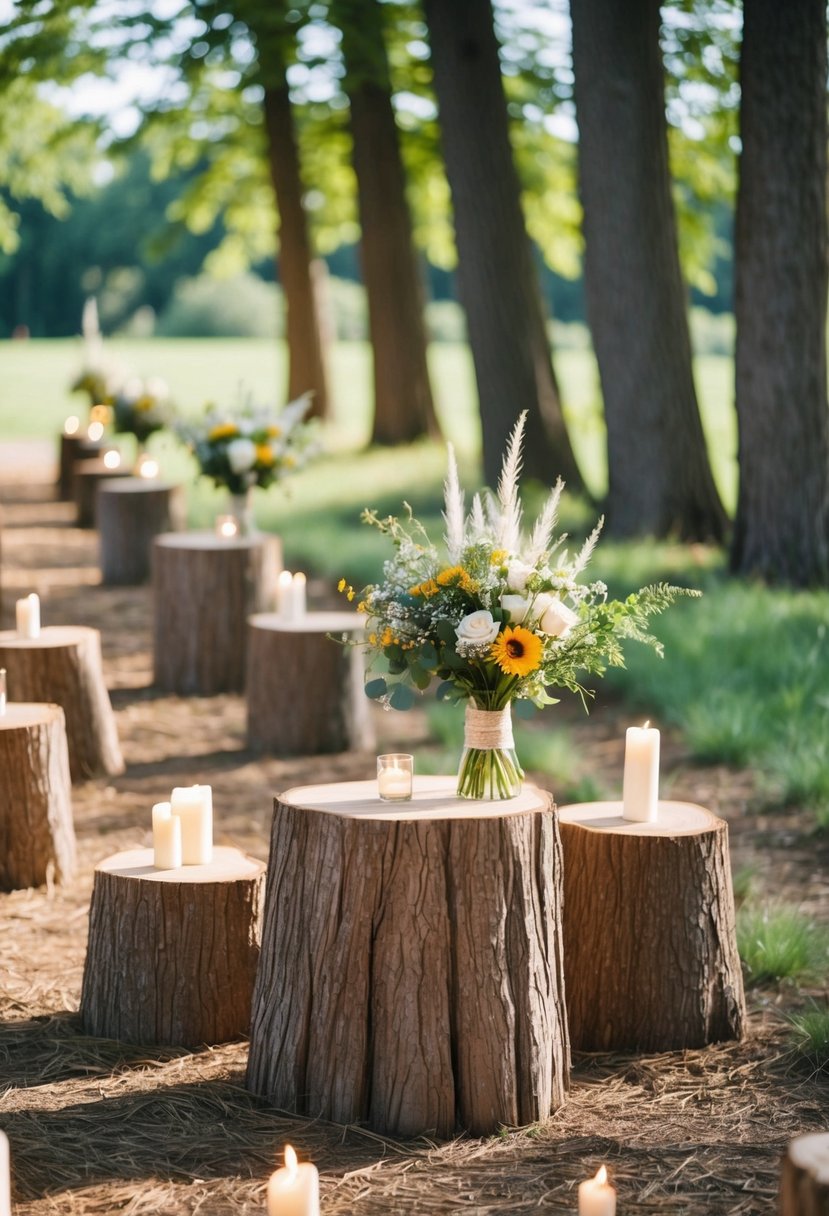 Rustic tree stumps line a sun-dappled outdoor wedding aisle, adorned with wildflowers and flickering candles