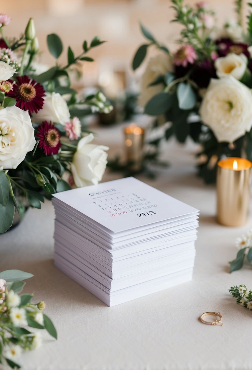 A table with a stack of personalized calendar cards, surrounded by floral decorations and wedding-themed elements