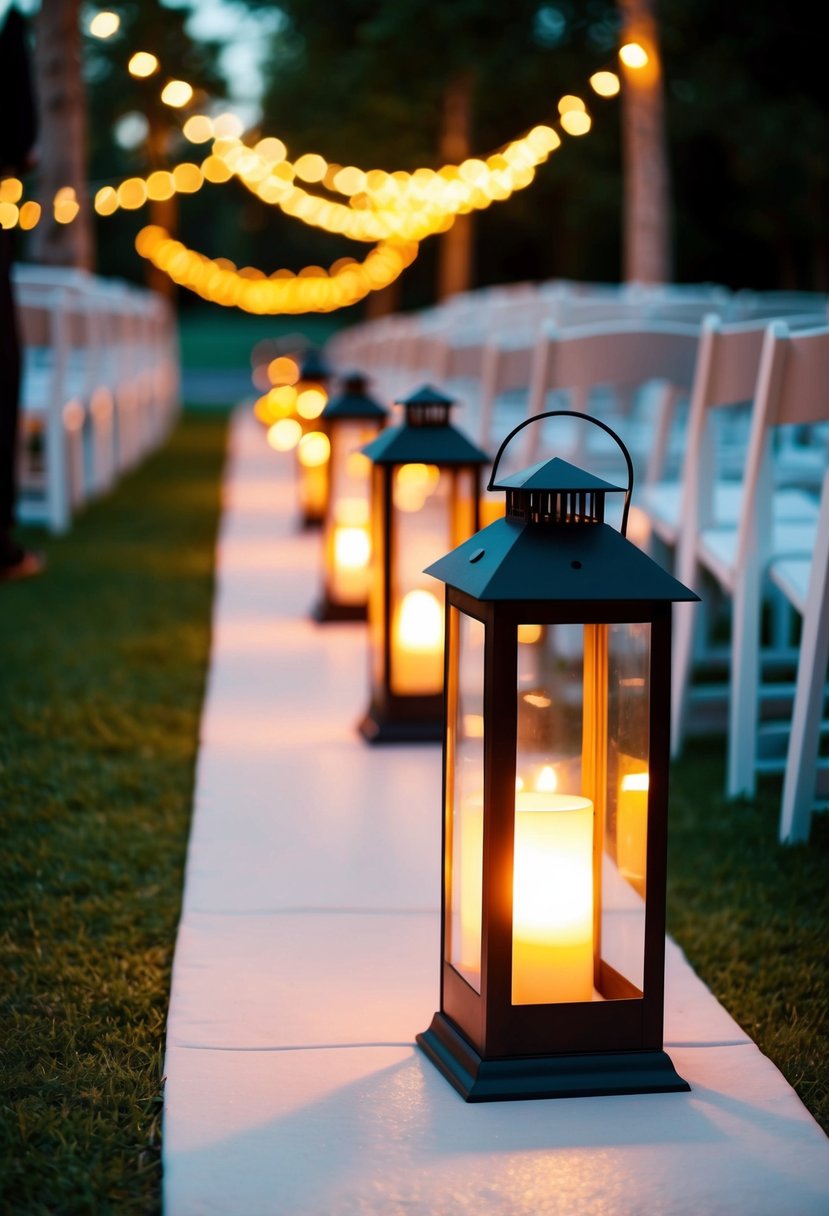 Hurricane lanterns illuminate the outdoor wedding aisle, casting a warm and romantic glow along the path