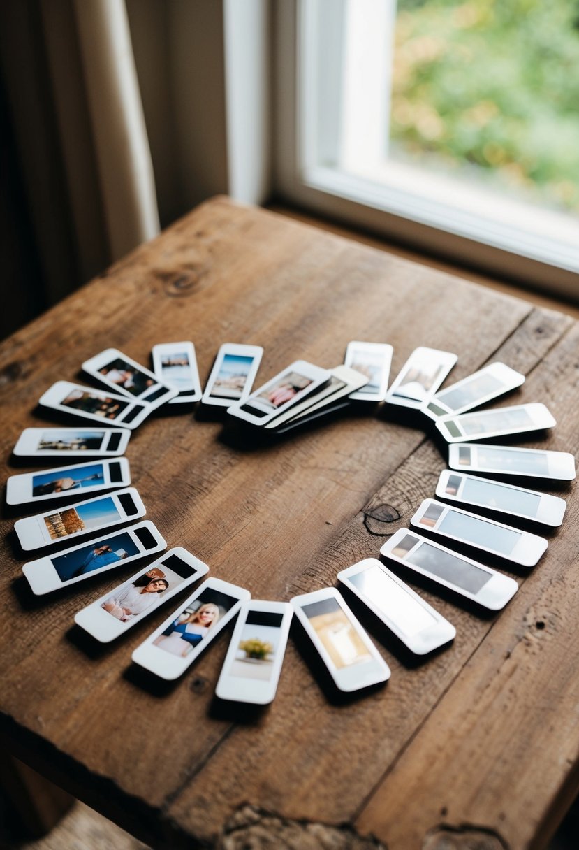 A collection of photo strip bookmarks arranged in a heart shape on a rustic wooden table, with soft natural light streaming in from a nearby window