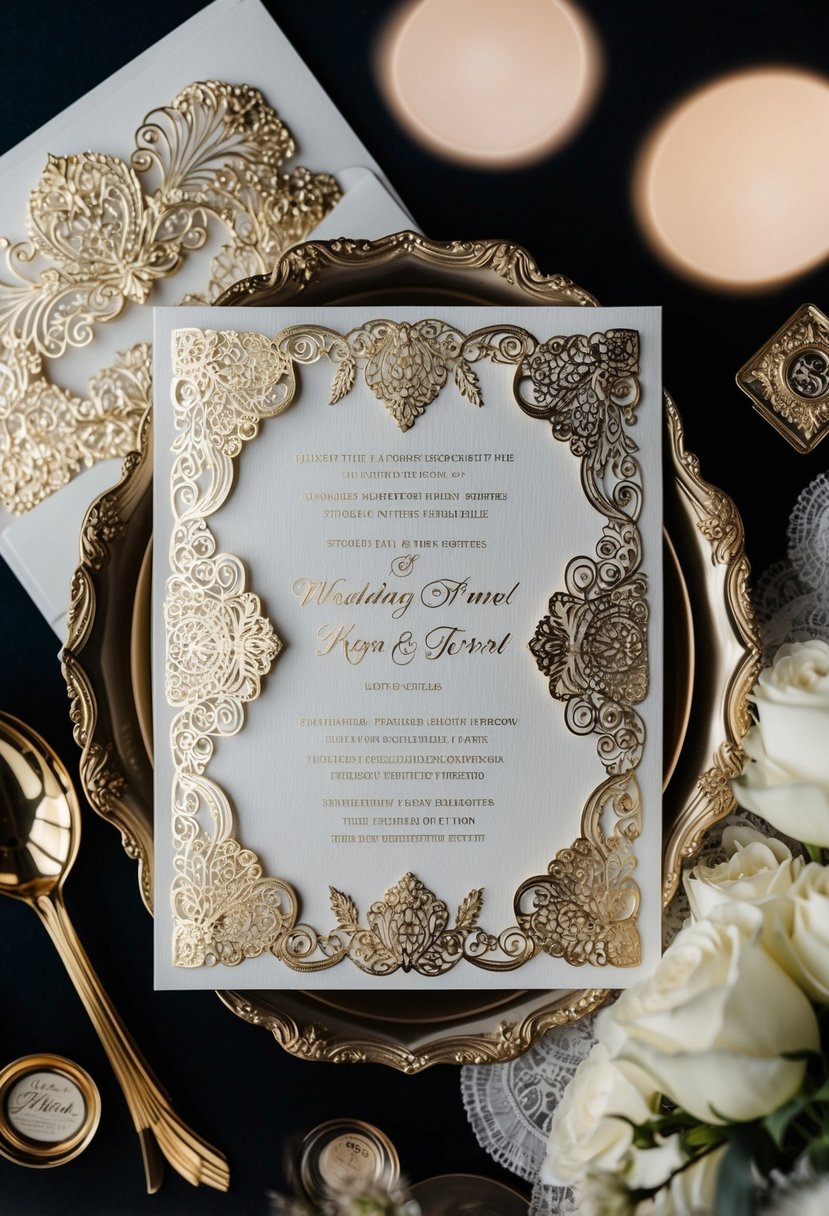 A luxurious wedding invitation with intricate foil-stamped designs and elegant details