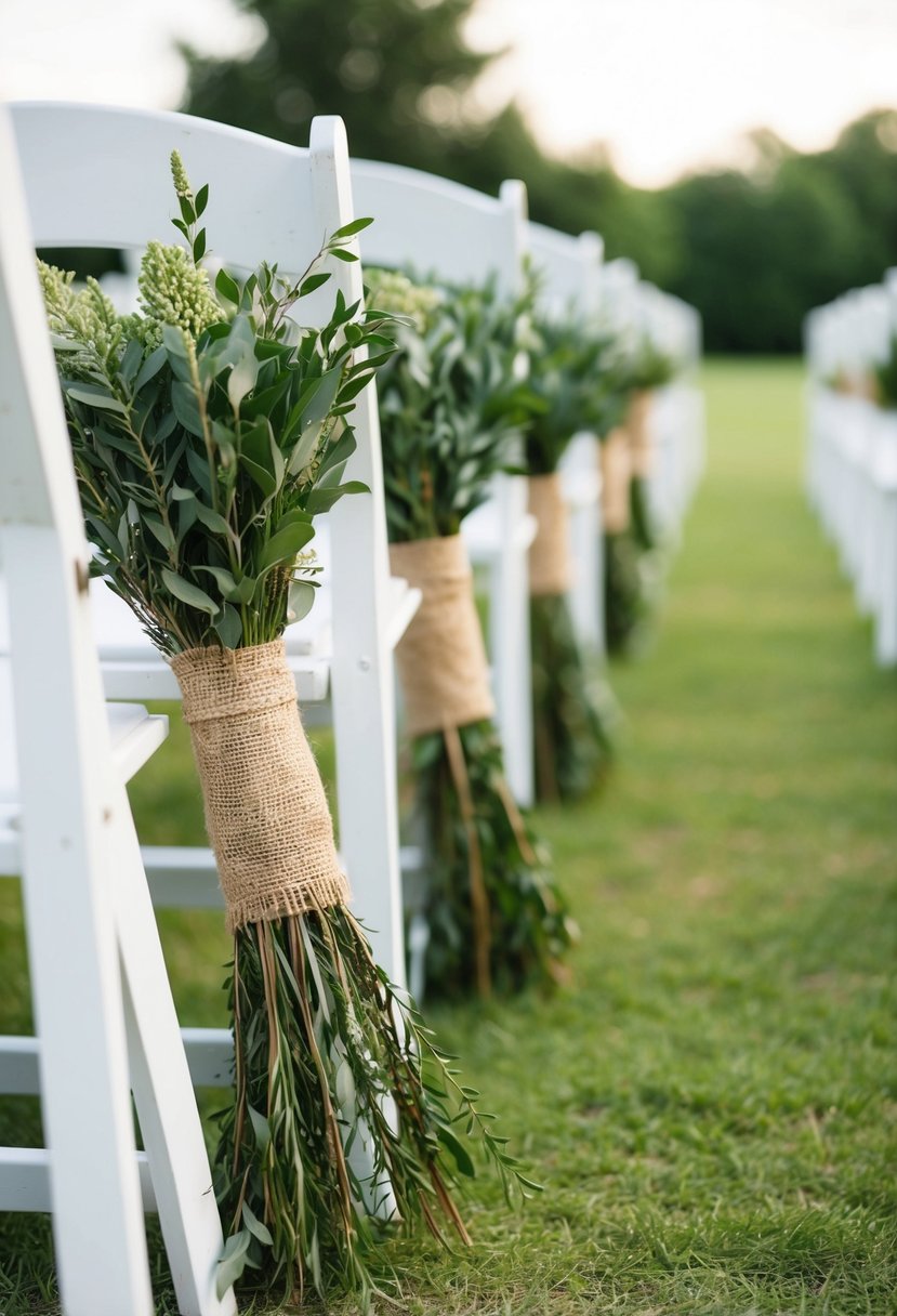 Burlap-tied greenery bunches line the outdoor wedding aisle