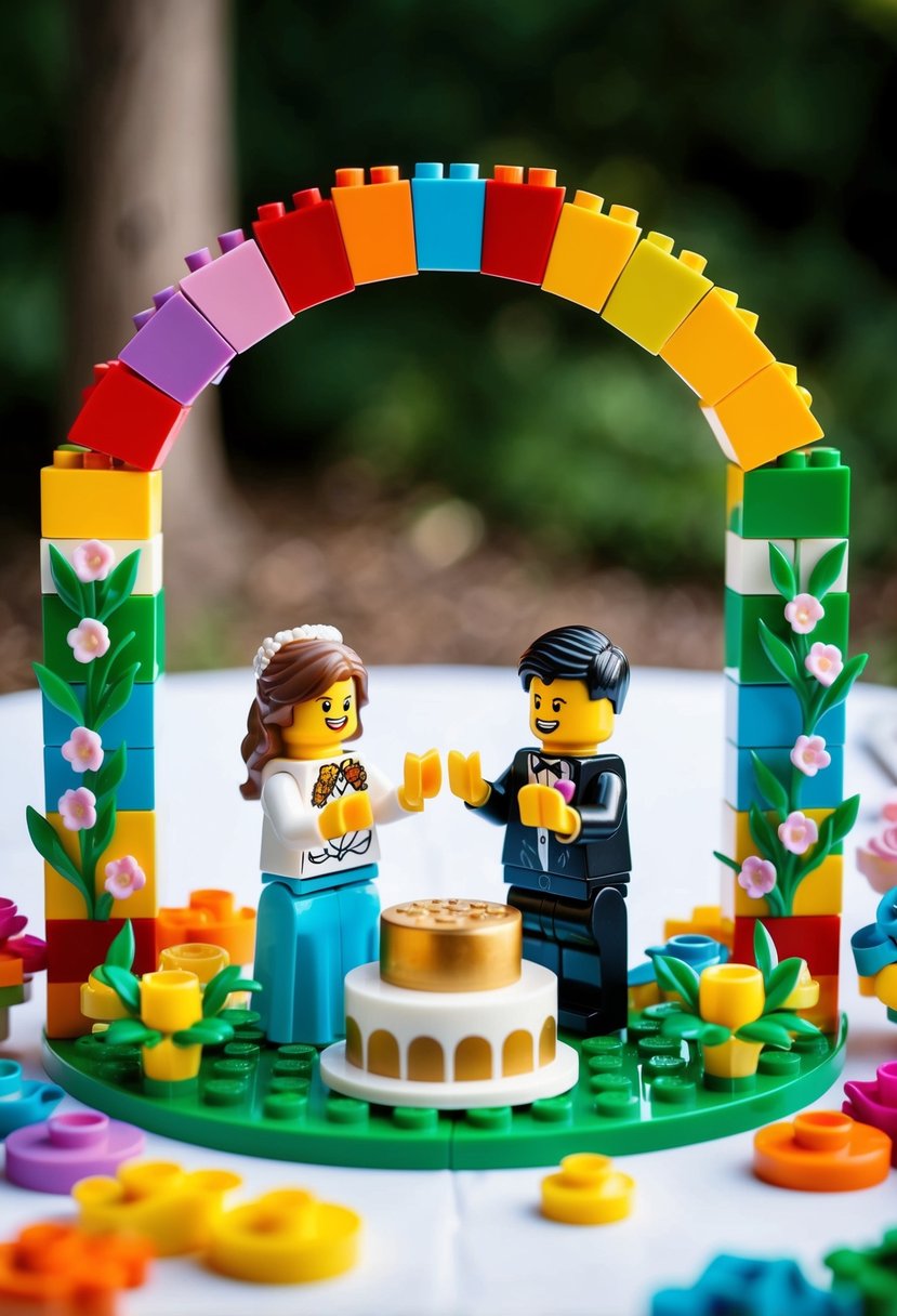 A colorful lego wedding arch with a bride and groom minifigures exchanging vows, surrounded by lego flower arrangements and a lego cake