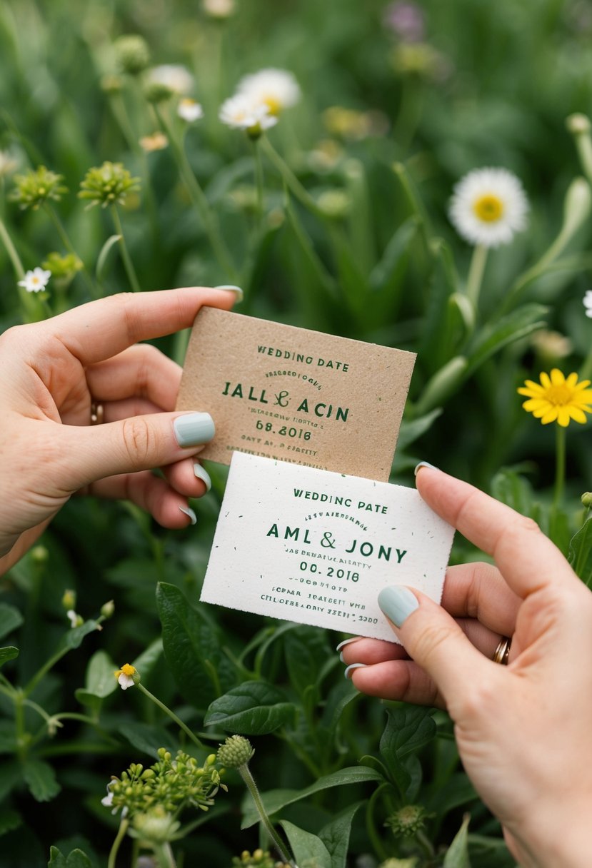 A pair of hands holding eco-friendly seeded paper cards with wedding date details. Wildflowers and greenery surround the cards, adding to the natural and sustainable theme