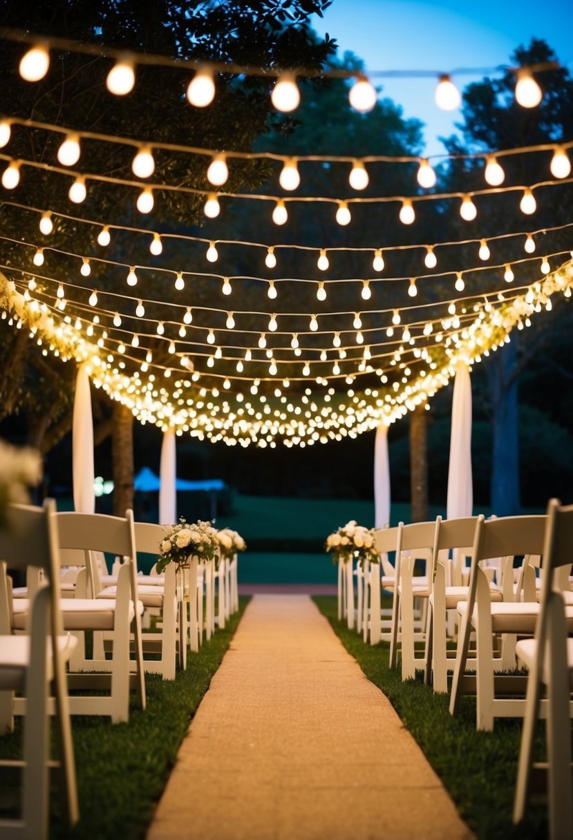 Twinkle lights draped above an outdoor wedding aisle, casting a warm and romantic glow over the path