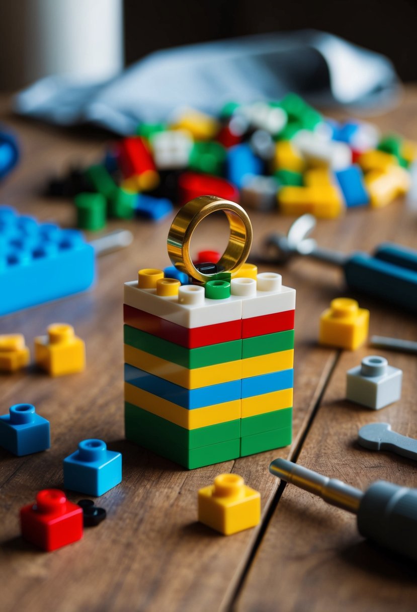 A small ring box made entirely of colorful LEGO bricks sits on a wooden table, surrounded by scattered LEGO pieces and tools