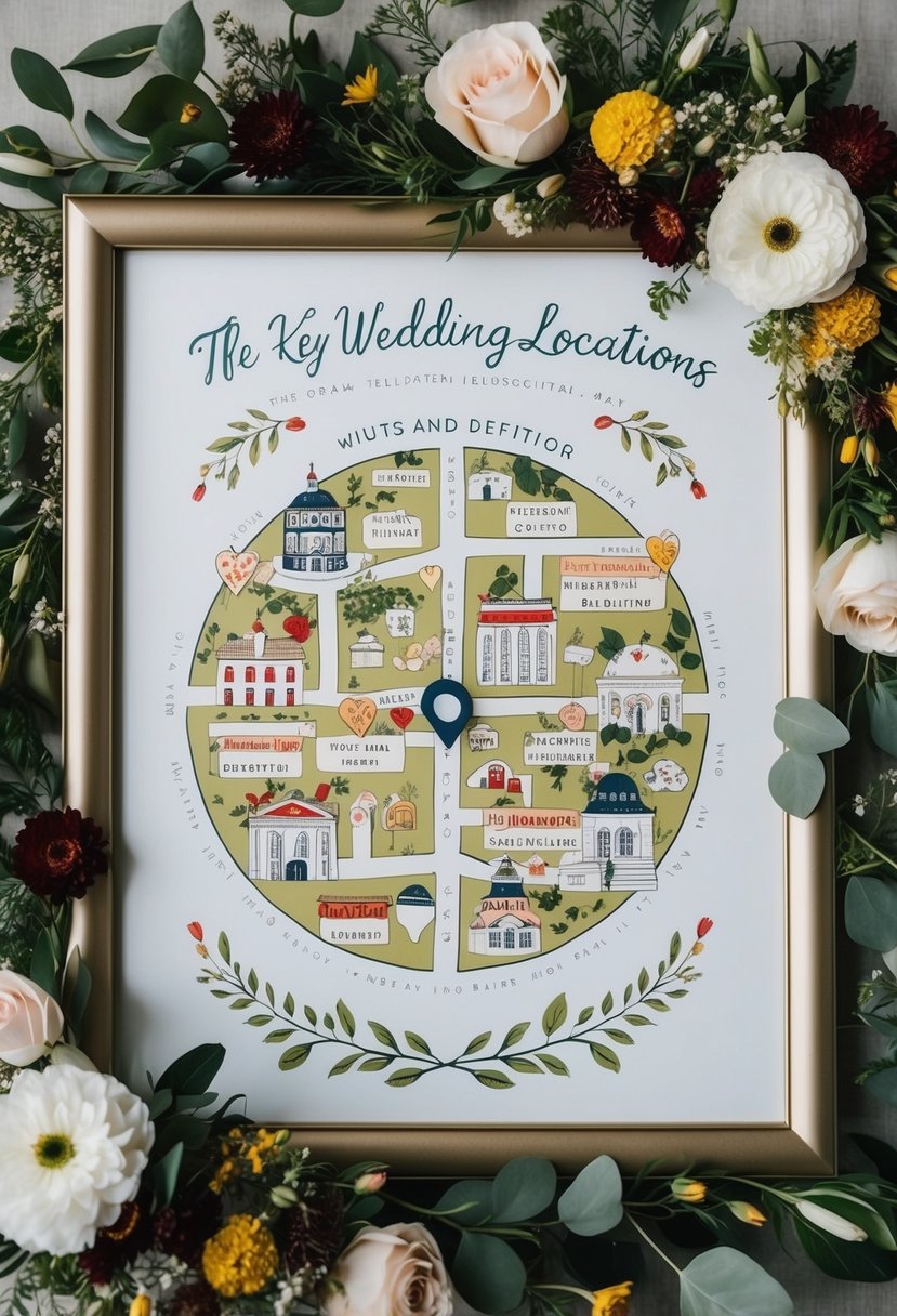 A whimsical illustrated map with key wedding locations, surrounded by floral and decorative elements