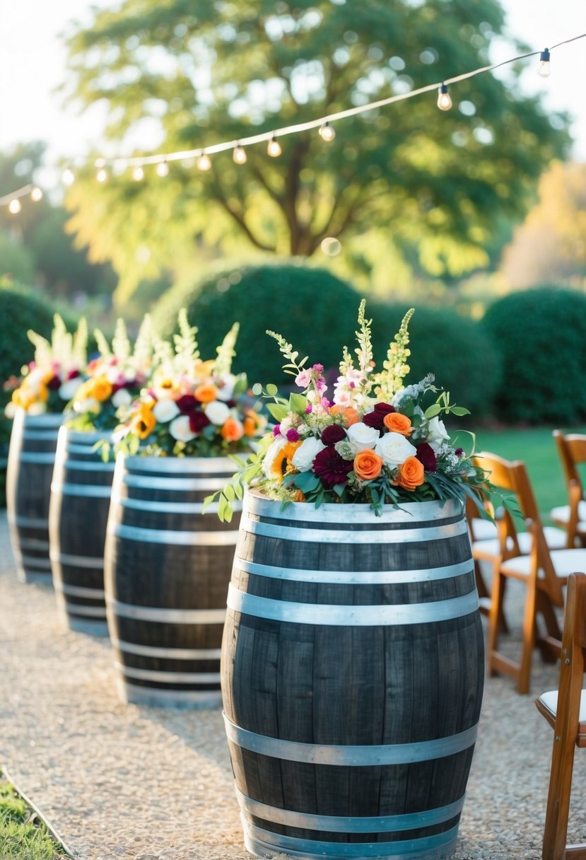 Wine barrels topped with vibrant floral arrangements line the outdoor wedding aisle, creating a charming and rustic atmosphere