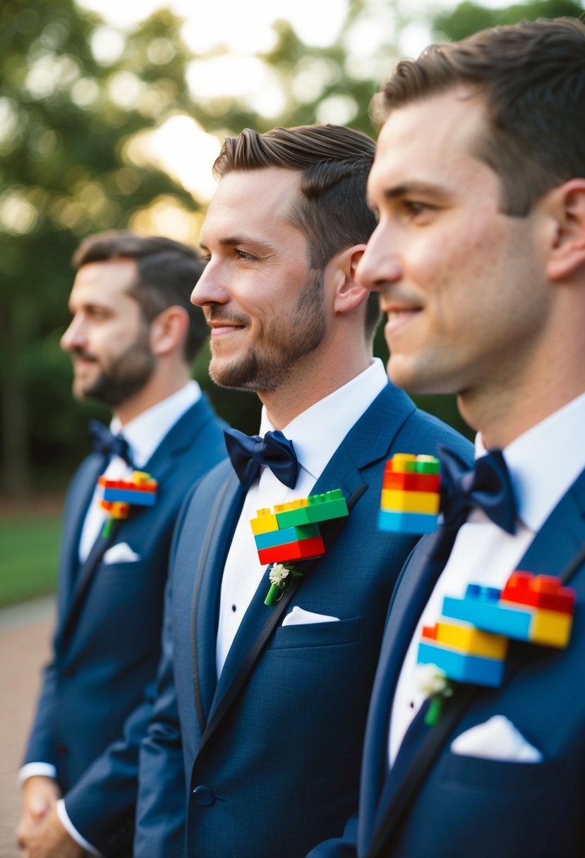 A groom and groomsmen wearing LEGO brick boutonnieres at a wedding