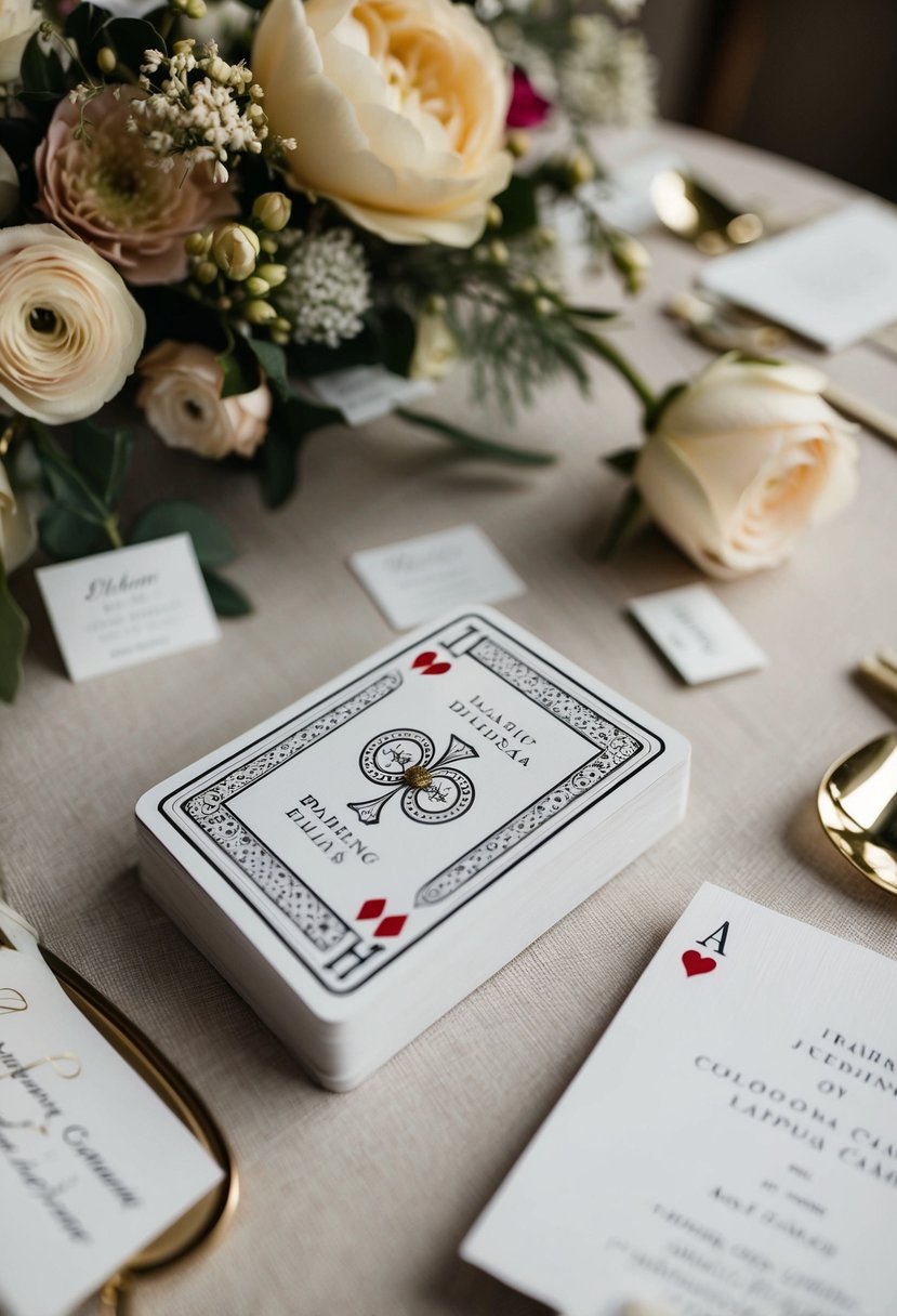 A pair of customized playing cards with a wedding theme laid out on a table, surrounded by floral decorations and elegant stationery