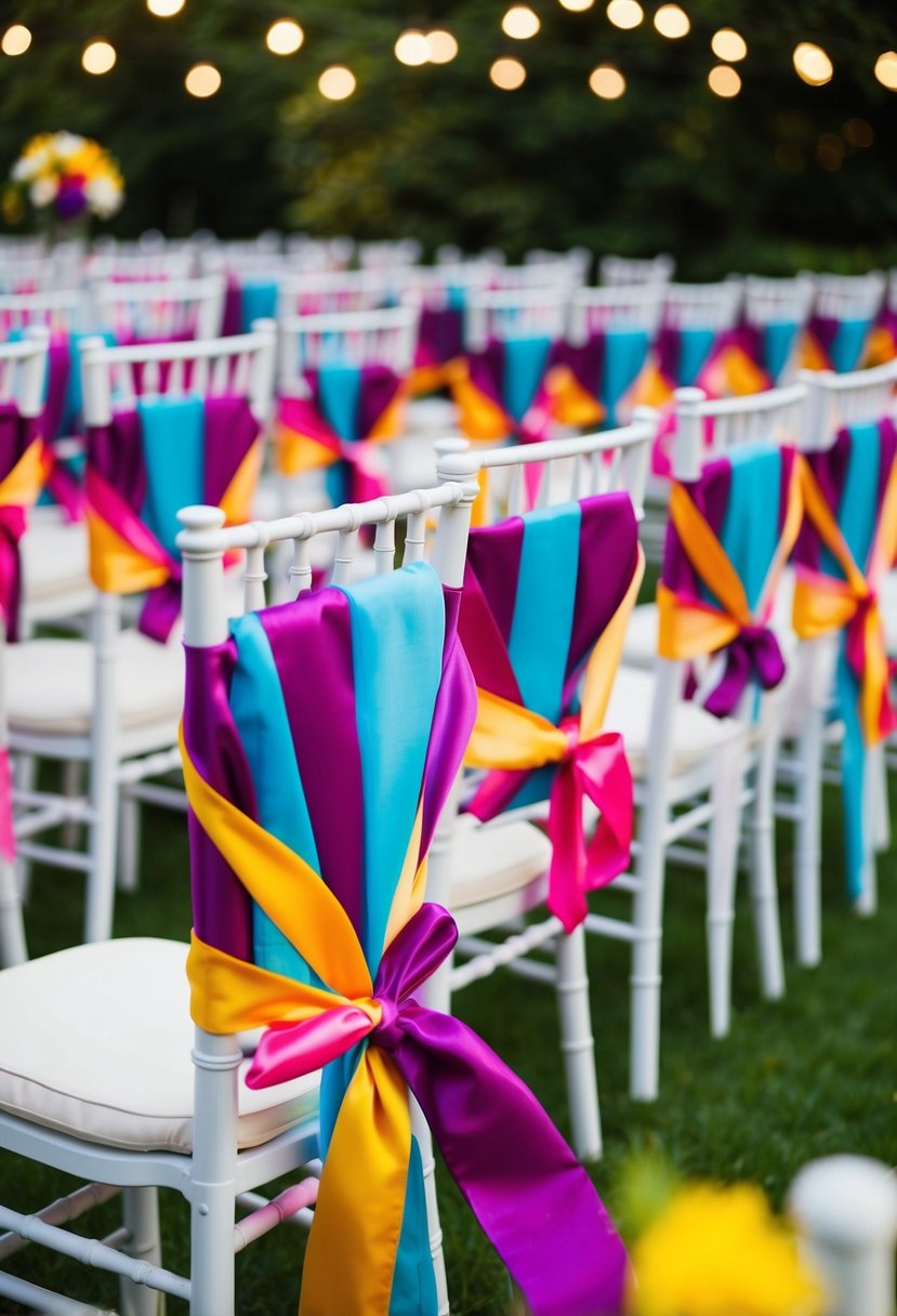 Chairs lined up with colorful ribbons and sashes, creating a vibrant and festive outdoor wedding aisle