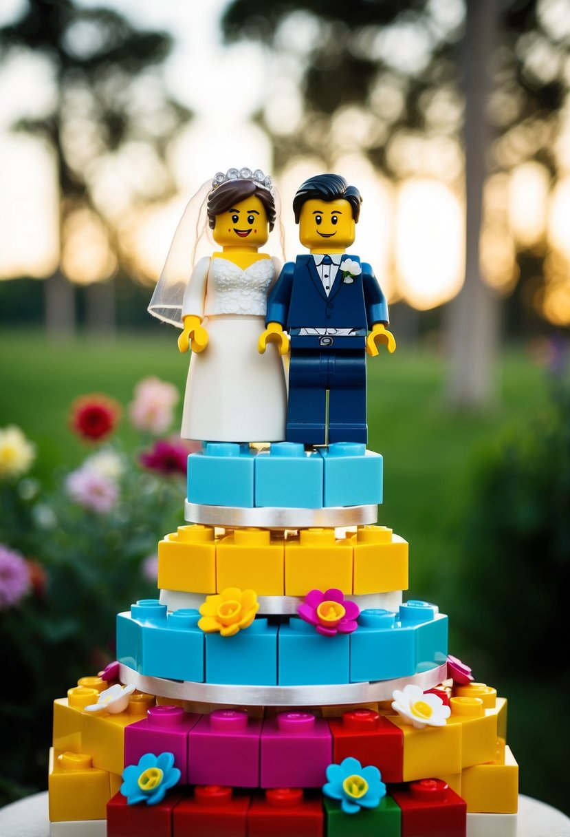 A LEGO bride and groom stand atop a wedding cake, surrounded by colorful blocks and flowers