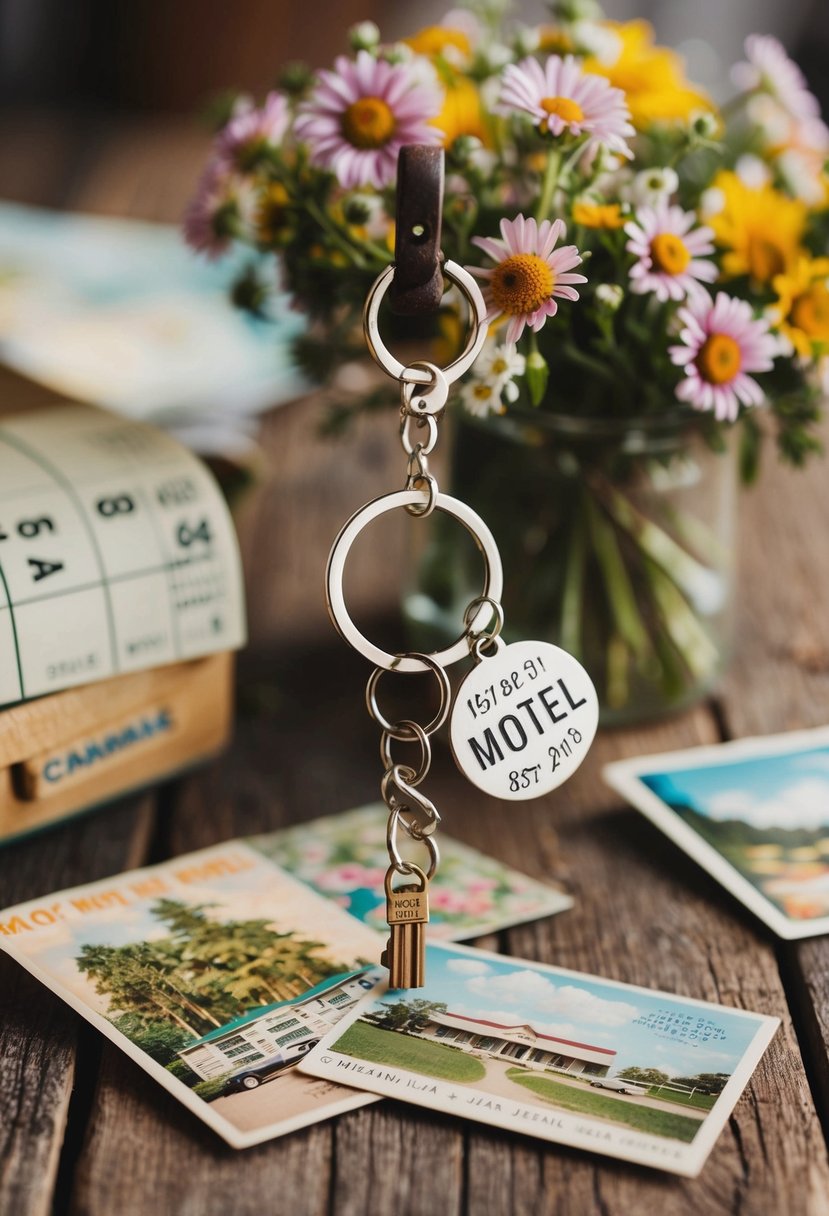 An old-fashioned motel keychain with a wedding date charm hangs on a rustic wooden table, surrounded by vintage postcards and a bouquet of wildflowers