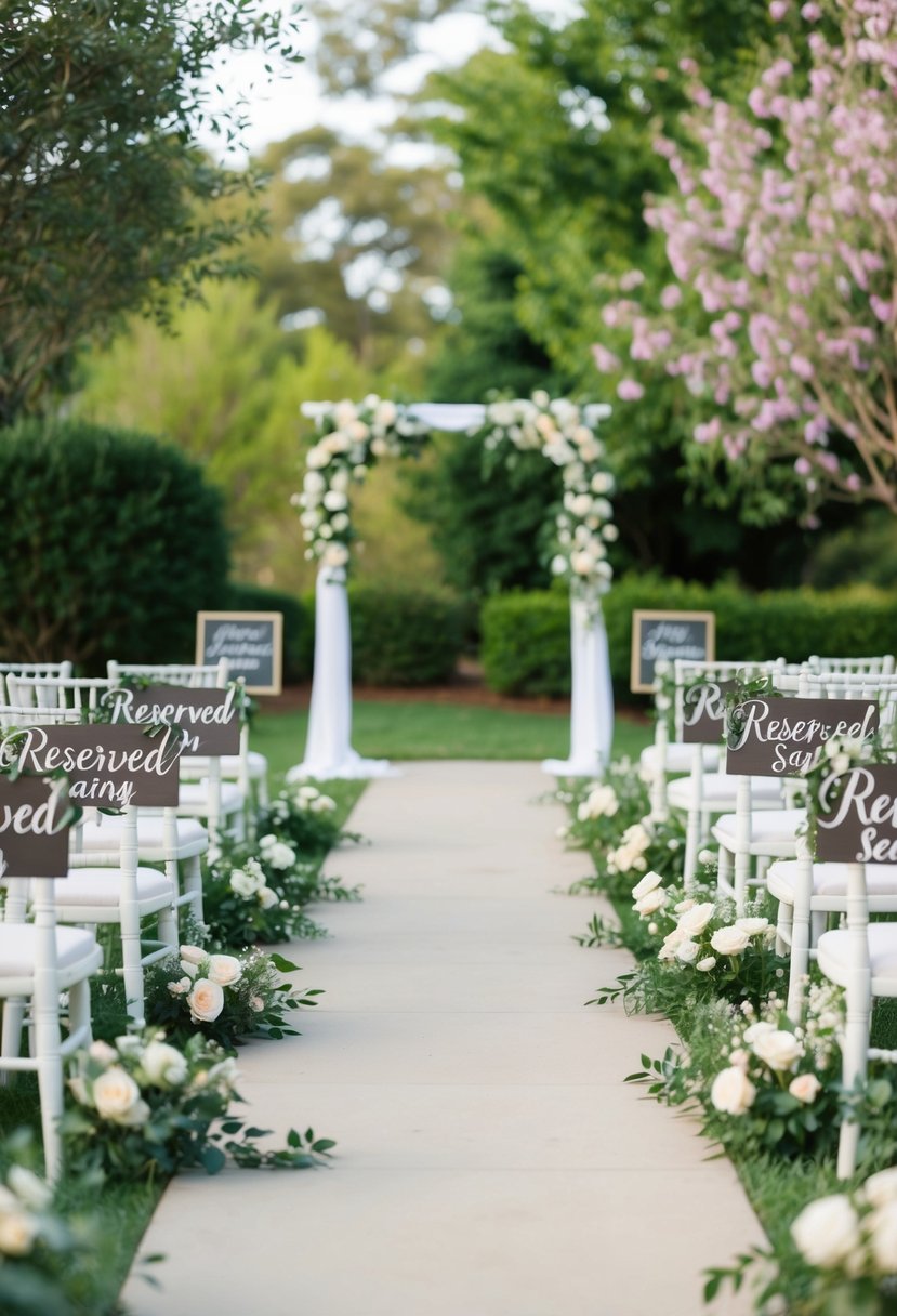 A serene outdoor wedding aisle with elegant custom reserved seating signs lining the path, surrounded by lush greenery and blooming flowers